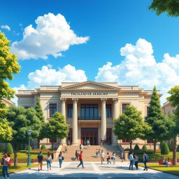 An artistic representation of a university building with a grand entrance labeled 'Facultad de Derecho Ciencias Políticas y Sociales' prominently displayed