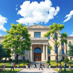 An artistic representation of a university building with a grand entrance labeled 'Facultad de Derecho Ciencias Políticas y Sociales' prominently displayed