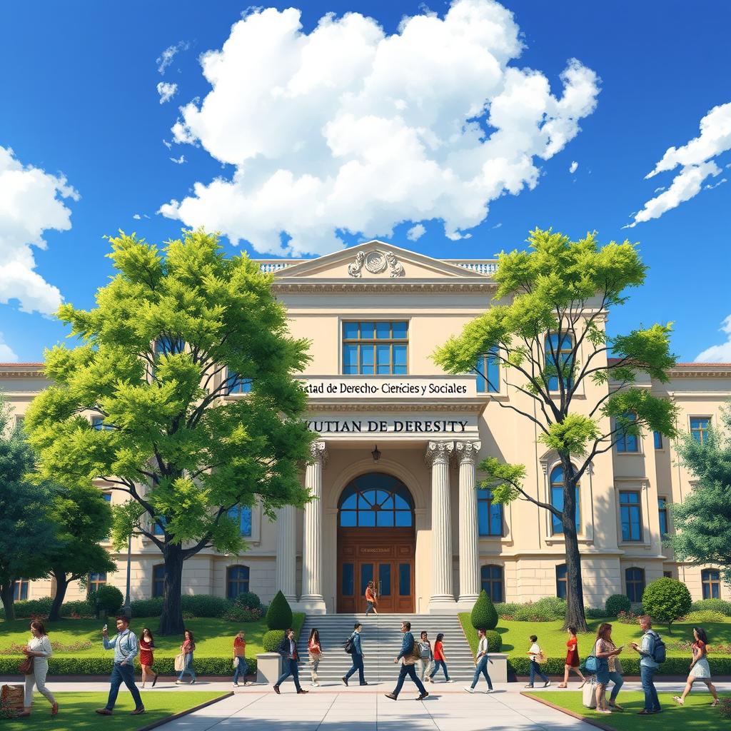 An artistic representation of a university building with a grand entrance labeled 'Facultad de Derecho Ciencias Políticas y Sociales' prominently displayed