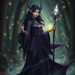A tall, elegant black-haired elf eladrin warlock, with shimmering green eyes and intricate silver runes glowing across her skin