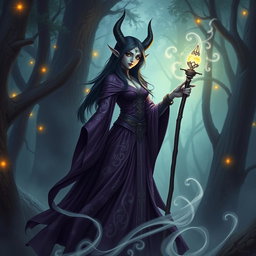A tall, elegant black-haired elf eladrin warlock, with shimmering green eyes and intricate silver runes glowing across her skin