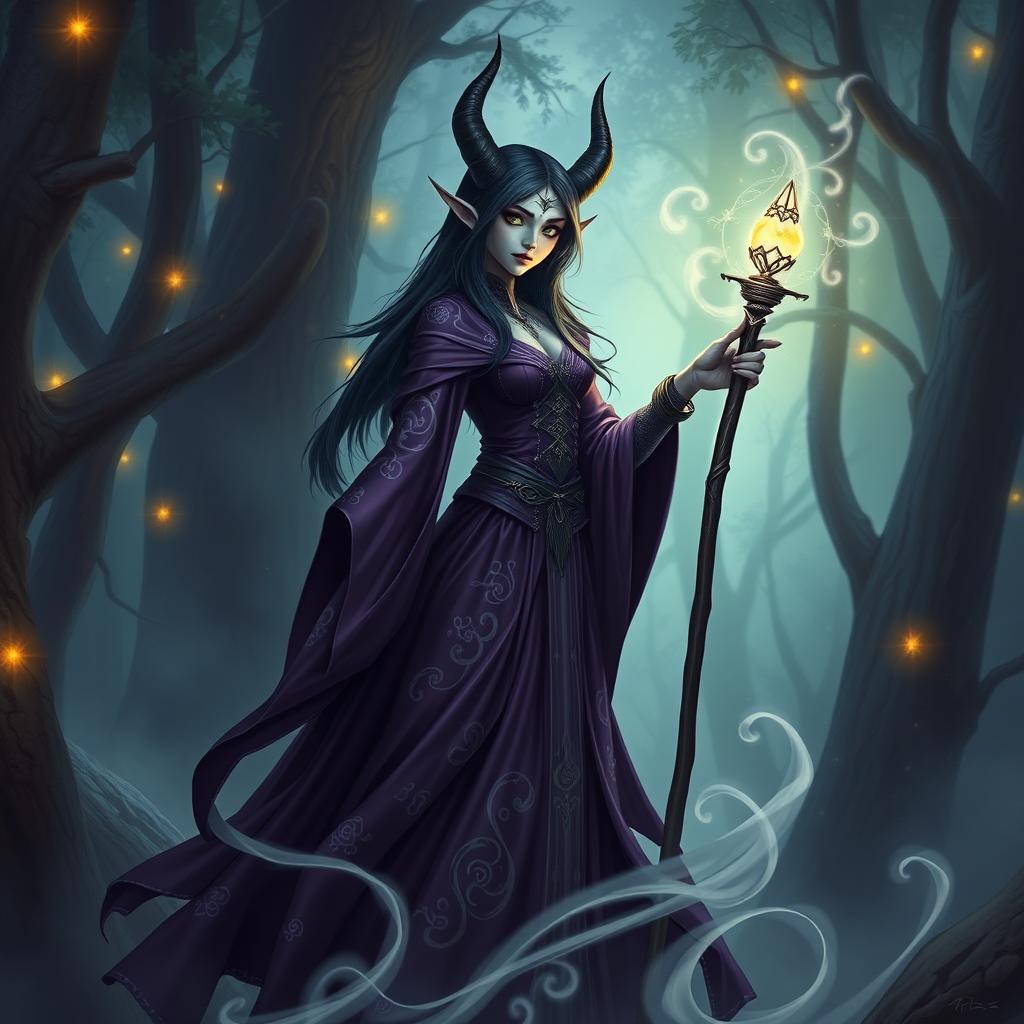 A tall, elegant black-haired elf eladrin warlock, with shimmering green eyes and intricate silver runes glowing across her skin