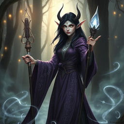 A tall, elegant black-haired elf eladrin warlock, with shimmering green eyes and intricate silver runes glowing across her skin