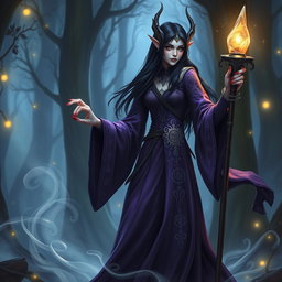 A tall, elegant black-haired elf eladrin warlock, with shimmering green eyes and intricate silver runes glowing across her skin