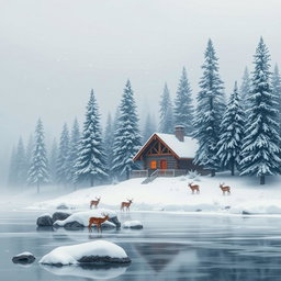 A serene winter landscape featuring a cozy log cabin nestled among tall evergreen trees covered in snow