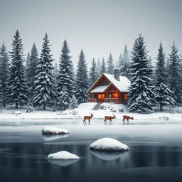 A serene winter landscape featuring a cozy log cabin nestled among tall evergreen trees covered in snow