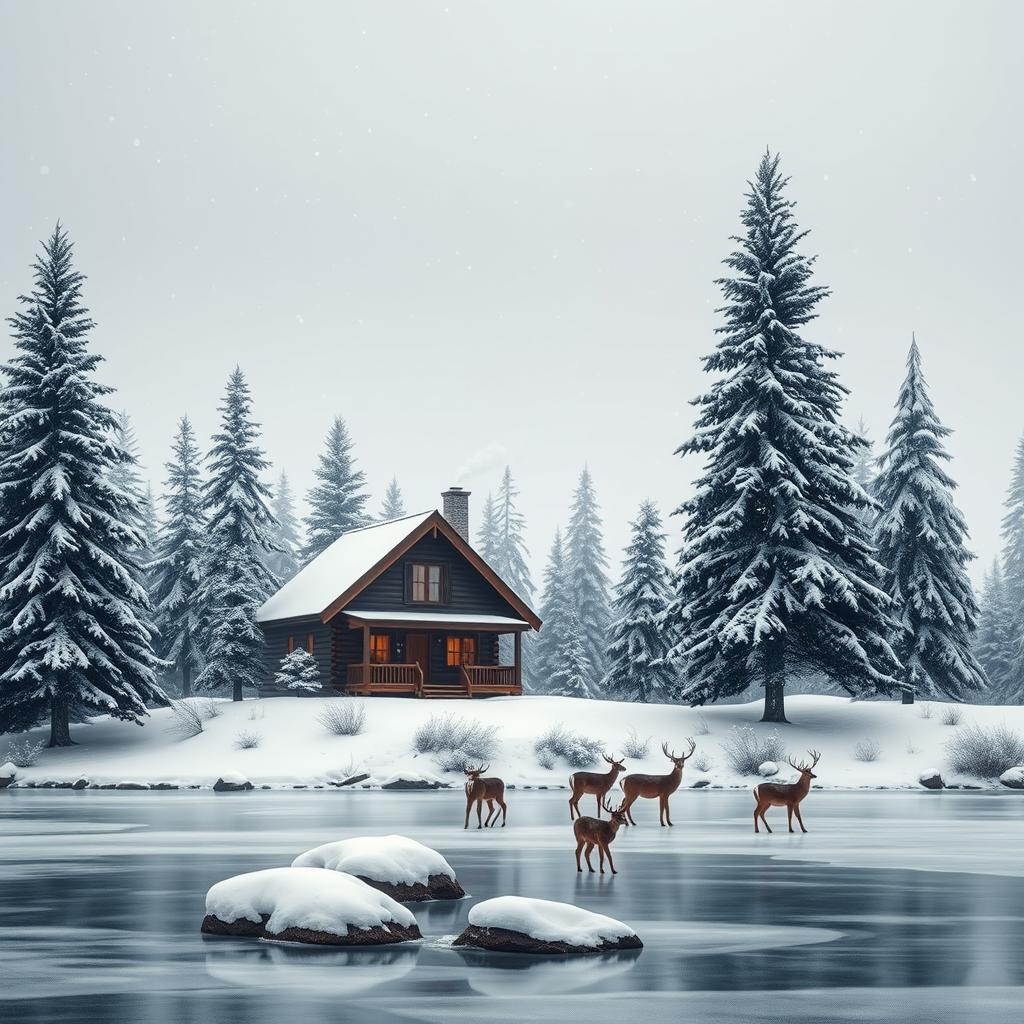 A serene winter landscape featuring a cozy log cabin nestled among tall evergreen trees covered in snow