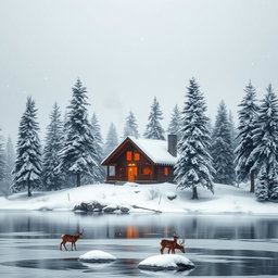A serene winter landscape featuring a cozy log cabin nestled among tall evergreen trees covered in snow