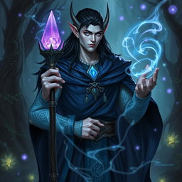 A tall, imposing black-haired male elf eladrin warlock, with striking blue eyes and intricate runes glowing faintly across his muscular arms
