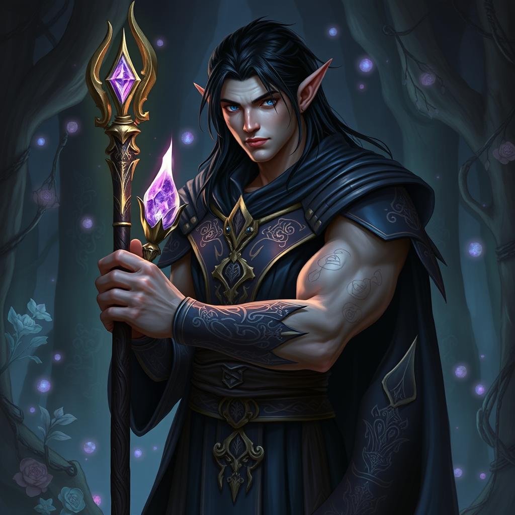A tall, imposing black-haired male elf eladrin warlock, with striking blue eyes and intricate runes glowing faintly across his muscular arms