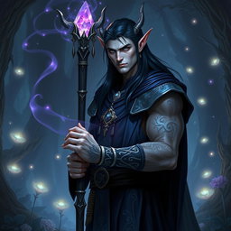A tall, imposing black-haired male elf eladrin warlock, with striking blue eyes and intricate runes glowing faintly across his muscular arms