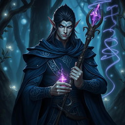 A tall, imposing black-haired male elf eladrin warlock, with striking blue eyes and intricate runes glowing faintly across his muscular arms
