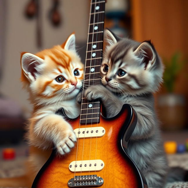 A cute scene featuring two baby cats, both with fluffy fur and bright, expressive eyes, looking at each other with affection