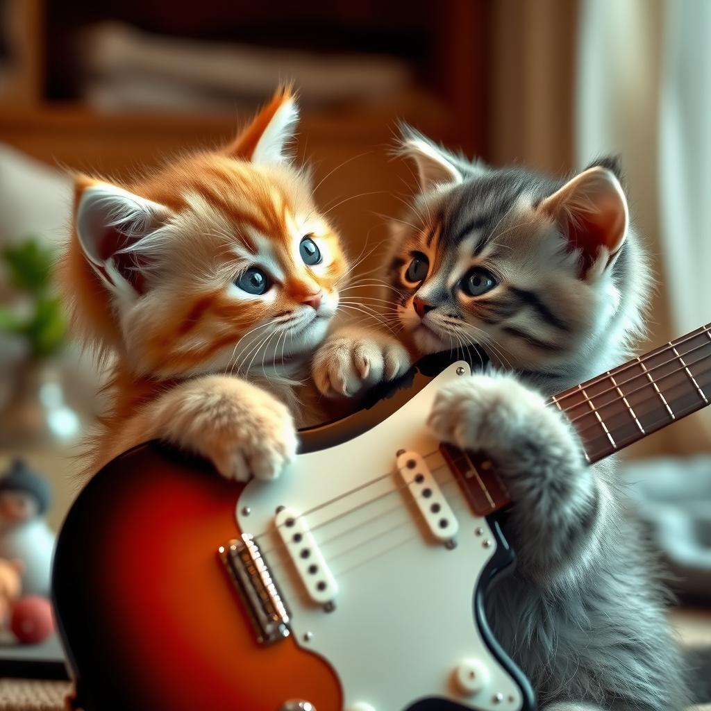 A cute scene featuring two baby cats, both with fluffy fur and bright, expressive eyes, looking at each other with affection
