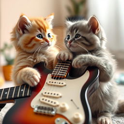 A cute scene featuring two baby cats, both with fluffy fur and bright, expressive eyes, looking at each other with affection