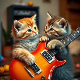 A cute scene featuring two baby cats, both with fluffy fur and bright, expressive eyes, looking at each other with affection