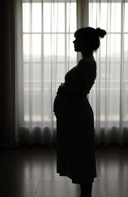 A side silhouette of a young woman wearing a simple dress, gently embracing her pregnant belly