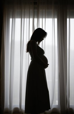 A side silhouette of a young woman wearing a simple dress, gently embracing her pregnant belly