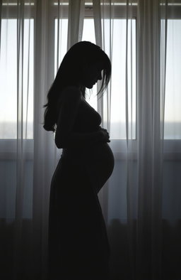 A side silhouette of a young woman wearing a simple dress, gently embracing her pregnant belly