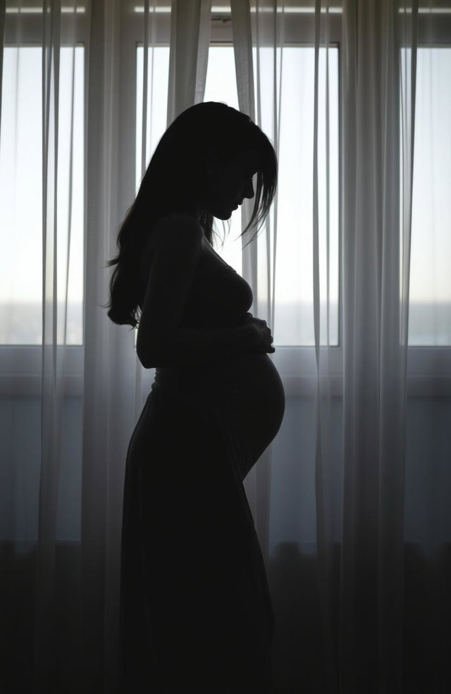 A side silhouette of a young woman wearing a simple dress, gently embracing her pregnant belly