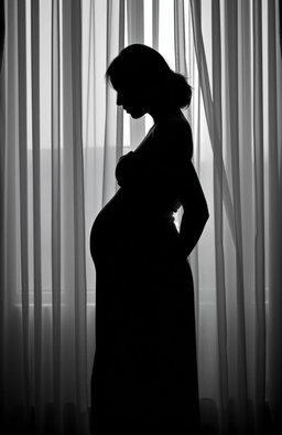 A side silhouette of a young woman wearing a simple dress, gently embracing her pregnant belly