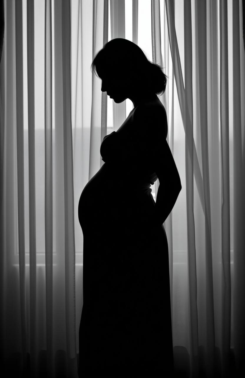A side silhouette of a young woman wearing a simple dress, gently embracing her pregnant belly