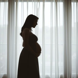 A side silhouette of a young woman named Naina wearing a simple dress, gently embracing her pregnant belly