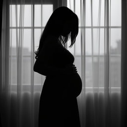 A side silhouette of a young woman named Naina wearing a simple dress, gently embracing her pregnant belly