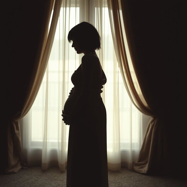 A side silhouette of a young woman named Naina wearing a simple dress, gently embracing her pregnant belly