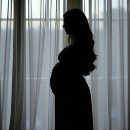 A side silhouette of a young woman named Naina wearing a simple dress, gently embracing her pregnant belly