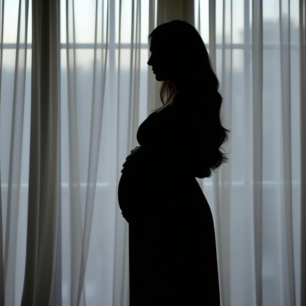 A side silhouette of a young woman named Naina wearing a simple dress, gently embracing her pregnant belly