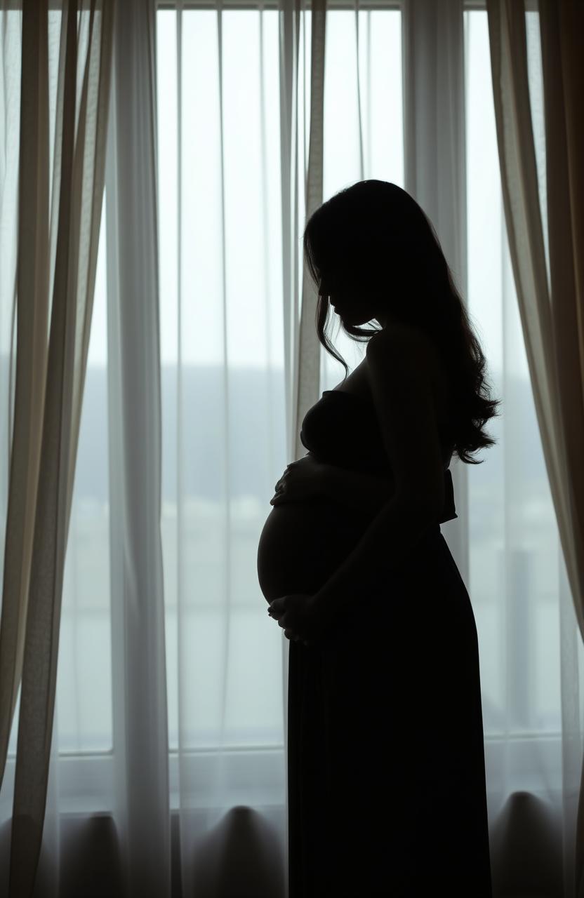 A silhouette of a young woman from the side, wearing a simple dress, with her hands cradling her pregnant belly