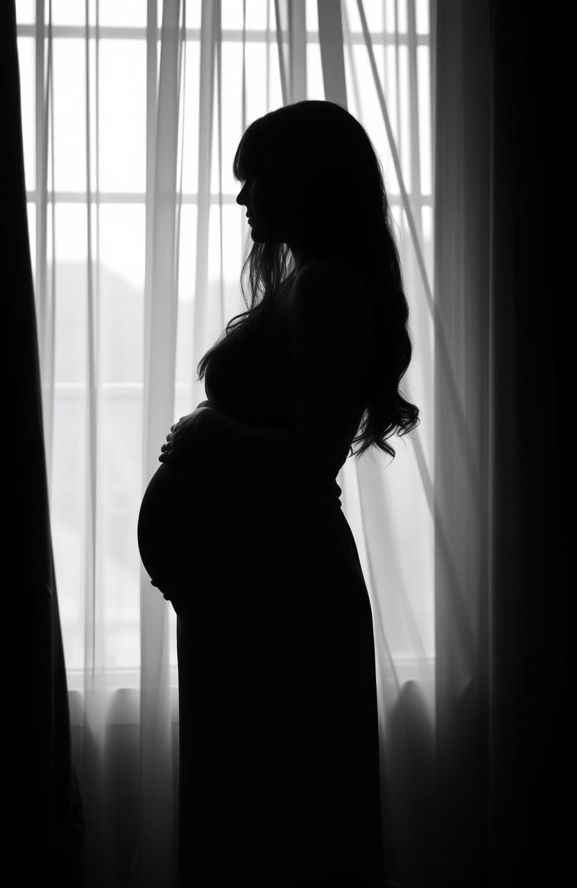 A silhouette of a young woman from the side, wearing a simple dress, with her hands cradling her pregnant belly