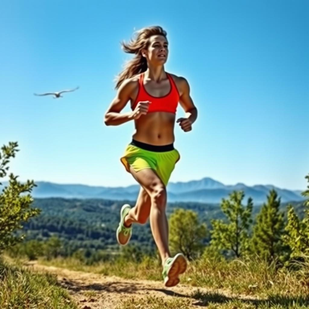 A dynamic scene capturing a person running through a scenic trail