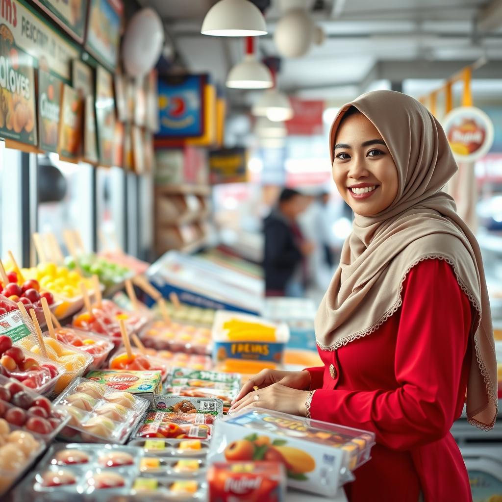 A woman selling frozen food, wearing a hijab and a red outfit