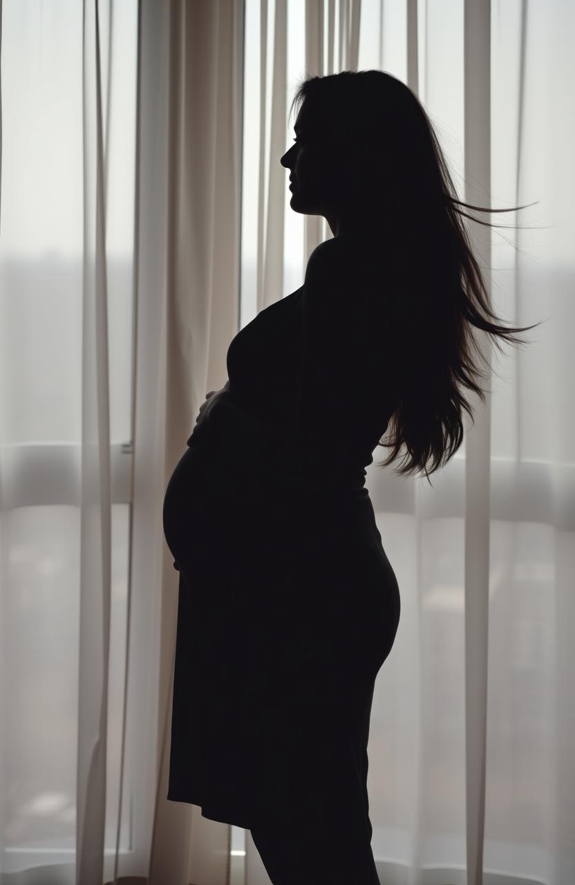 A side silhouette of a young woman wearing a simple dress, embracing her pregnant belly