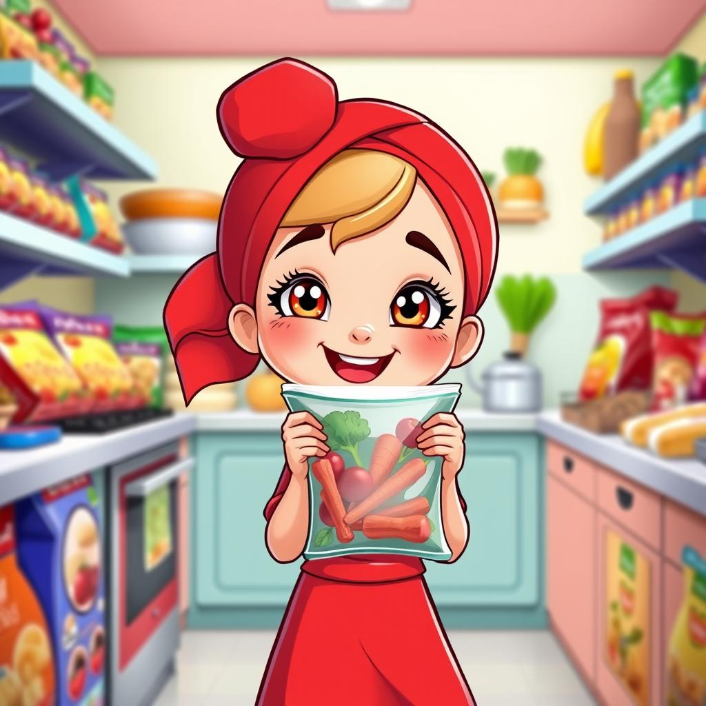 A cartoon girl in a vibrant red outfit and a headscarf, standing in a bright and colorful kitchen filled with frozen foods