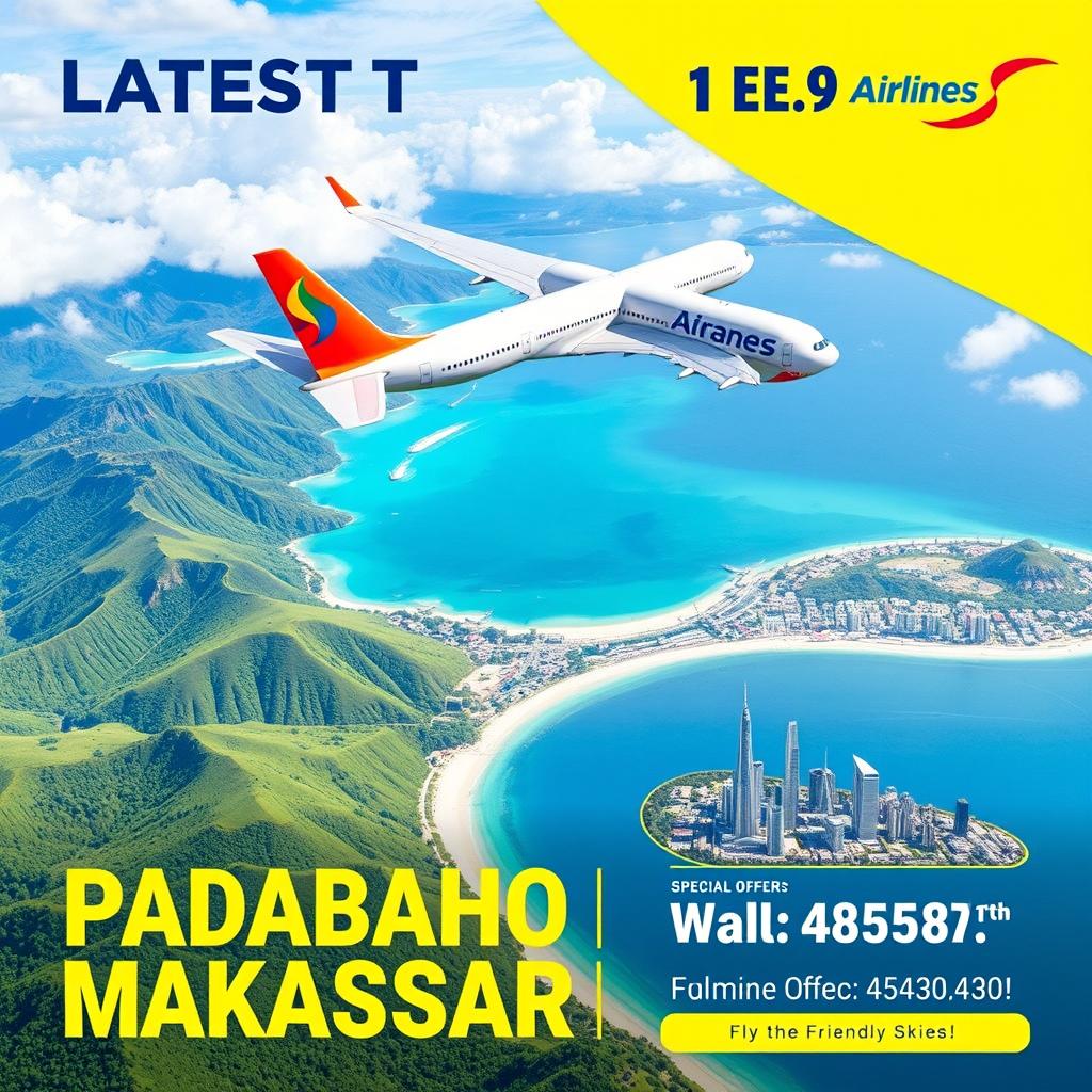 A vibrant and eye-catching advertisement for the latest flight from Padabaho to Makassar