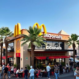 A McDonald's restaurant located in Egypt, showcasing the iconic McDonald's architecture, adorned with Egyptian motifs and colors