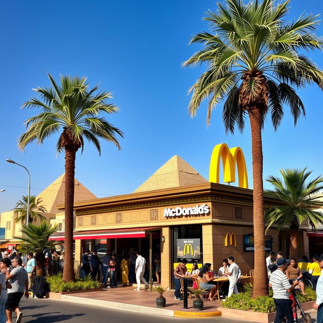 A McDonald's restaurant located in Egypt, showcasing the iconic McDonald's architecture, adorned with Egyptian motifs and colors