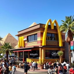 A McDonald's restaurant located in Egypt, showcasing the iconic McDonald's architecture, adorned with Egyptian motifs and colors