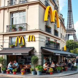 A McDonald's restaurant located in Paris, featuring a blend of the classic McDonald's design with Parisian architectural elements