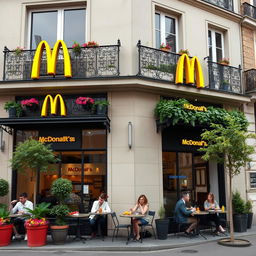 A McDonald's restaurant located in Paris, featuring a blend of the classic McDonald's design with Parisian architectural elements