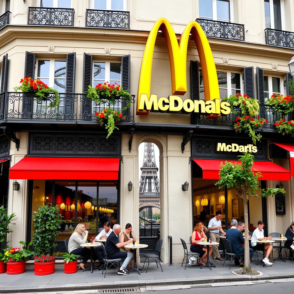 A McDonald's restaurant located in Paris, featuring a blend of the classic McDonald's design with Parisian architectural elements