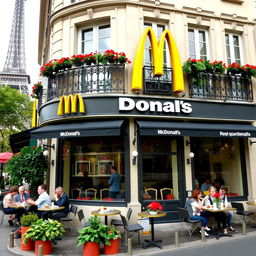 A McDonald's restaurant located in Paris, featuring a blend of the classic McDonald's design with Parisian architectural elements