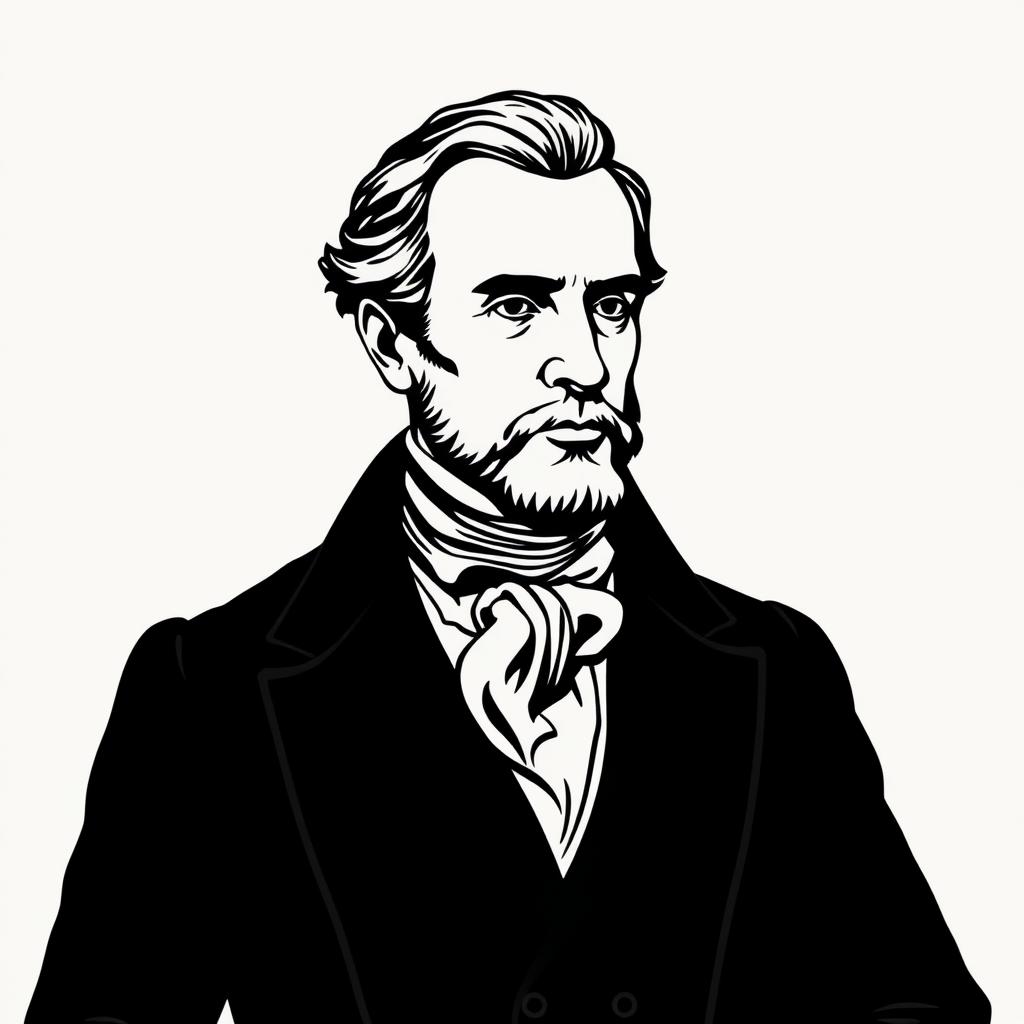 A stylized portrait of a man in early 19th-century attire, featuring a high collar and cravat