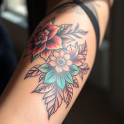A close-up view of a beautifully inked tattoo on a person's arm, showcasing intricate floral designs intertwined with geometric patterns