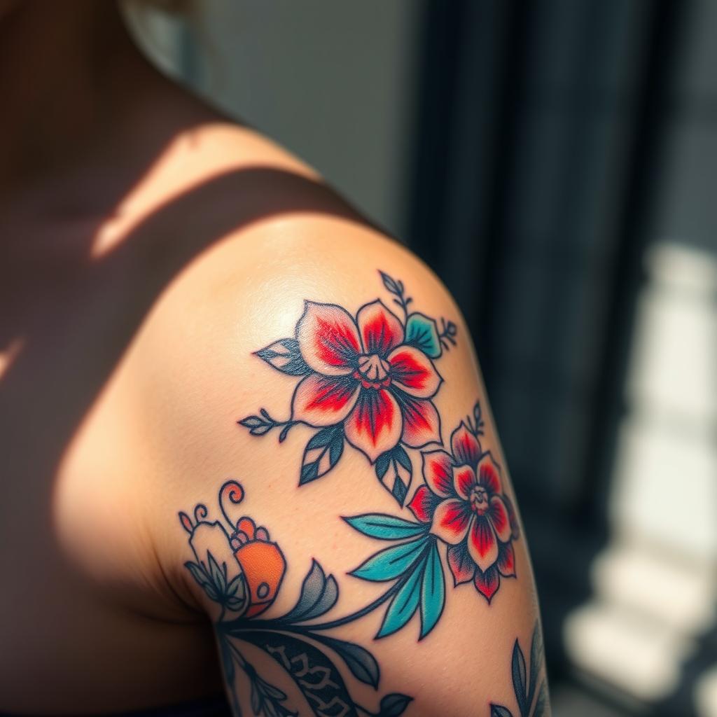 A close-up view of a beautifully inked tattoo on a person's arm, showcasing intricate floral designs intertwined with geometric patterns