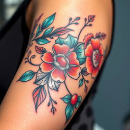 A close-up view of a beautifully inked tattoo on a person's arm, showcasing intricate floral designs intertwined with geometric patterns