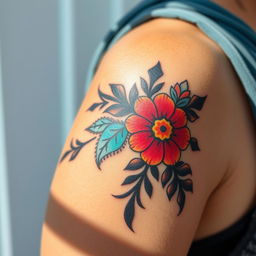 A close-up view of a beautifully inked tattoo on a person's arm, showcasing intricate floral designs intertwined with geometric patterns